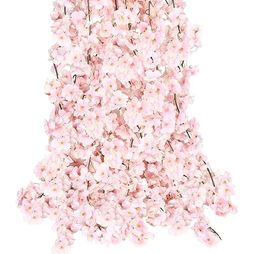 CEWOR 6pcs Artificial Cherry Blossom Flower Vines Fake Flowers for Outdoors Hanging Silk Flowers Garland for Wedding Party Home Japanese Kawaii Decor - 6pack