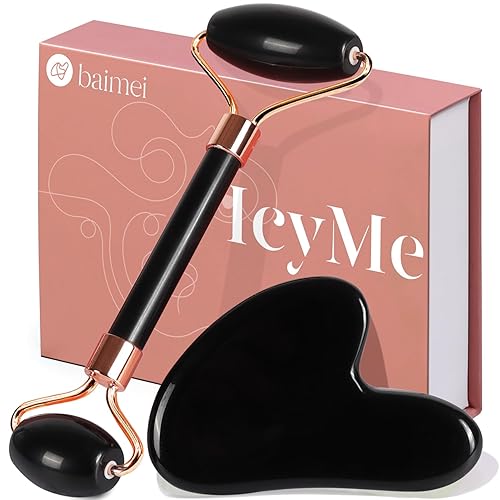 BAIMEI Jade Roller & Gua Sha Set Face Roller and Gua Sha Facial Tools for Skin Care Routine and Puffiness, Self Care Gift for Men Women - Black - Black