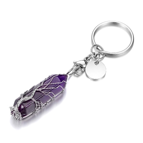 JSDDE Amethyst Healing Crystal Stone Keyring Silver Tree of Life Wire Wrapped Hexagonal Crystal Points Pendant Keychain
