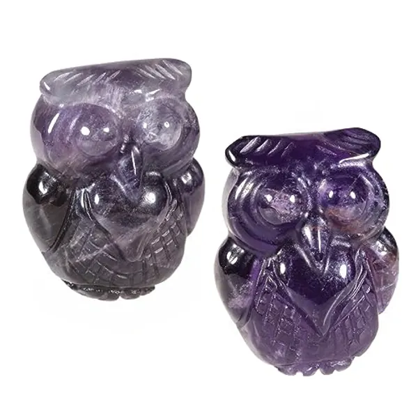 Nupuyai 2pcs Owl Bird Amethyst Mini Crystal Stone Statue Carved Animal Figure, Stones Pocket Figurine Ornament Home Office Decor