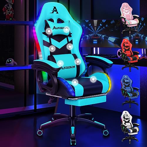ALFORDSON LED Silla Gaming, Silla Gamer con Masaje de 8 Puntos, Silla de Ordenador Ergonómico con Iluminación RGB con Soporte Lumbar y Reposacabezas, Altura Ajustable, Cian - A1 - Cian - A1 - Marc