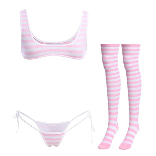 ABAFIP Women Cute Kawaii Anime Lingerie set Halter Strap Micro Bra Tiny Panty Garter Belt Striped Stockings 4Pcs Underwear - One Size - Pink - Wide Strap