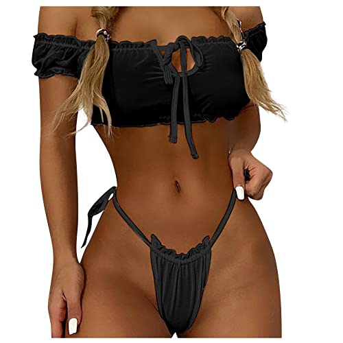 Litmey Women Naughty Nightlife Lingerie Set Bandeau Bikini Sexy Extreme Hot Mini Thong String Babydoll Underwear - Black - Small