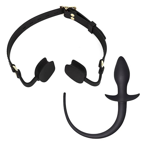 SM Bondage Open Mouth Bite Gag Silicone Invisible Gag Strap,Fetish Dog Tail Plug Slave Pup Roleplay Erotic Oral Fixation Sex Toy (Color : Set 3) - Set 3