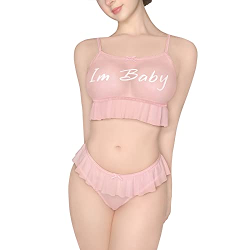 Littleforbig Mesh Tutu Lacy Trim Women Nightwear Strap Sleepwear Cami Top and Thong Bralette Set - I'm Baby - X-Small - Pink
