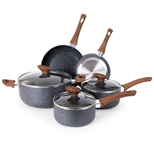 Non Stick Pots and Pans Set – Induction Hob Pot Set – 8pcs Kitchen Cookware with Lids – Cooking Marble Saucepan Pots and Frying Pans – by Nuovva - 8pcs - Marble