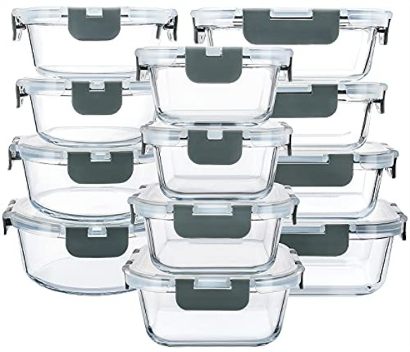 MCIRCO Glass Food Storage Containers 24 Pieces [12 Containers + 12 Lids] with Upgraded Snap Locking , Meal Prep Containers Set - Airtight Lunch Containers, Microwave, Oven,zer and Dishwasher - Gray