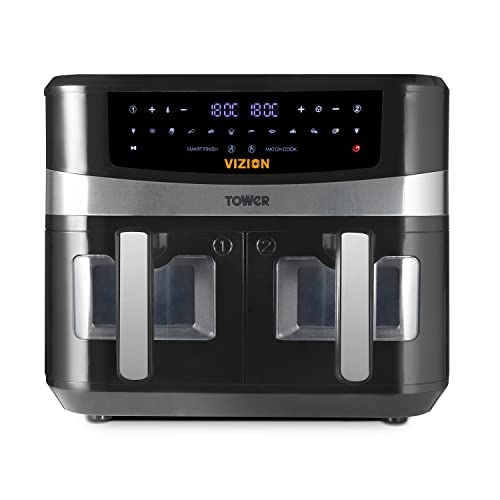 Dual Basket Air Fryer with Digital control panel & 10 One-touch Pre-sets, Black - Vizion Dual Draw Basket