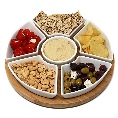 Bamboo Rotating Dip Set | Lazy Susan with 6 Ceramic Dishes | Serving Platters | Snack Dishes with Turntable | Dips, Snacks & Appetisers | M&W