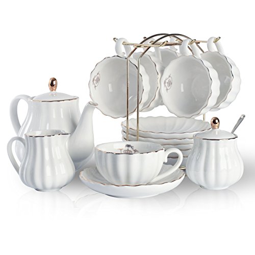 Porcelain Tea Set Royal Family 225 ml to Cups and Saucers with Teapot Sugar Bowl Milk Jug Ceramic Tea and Coffee Cups (White) - White
