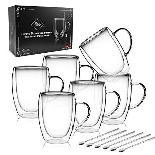 LIBWYS 6 Pack Double Walled Coffee Cups Glasses Mugs, Cappuccino Latte Tea Cups with Handle, Heat Resistant Cup Drinking Glasses 350ML Coffee Cup - 6x350ml