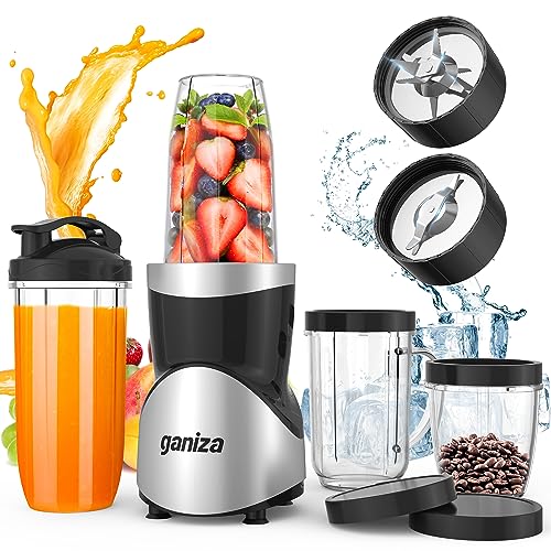 Smoothie Blender, Ganiza Blenders for Smoothies with 15-Piece Blender and Grinder Combo, 4 BPA-Free Personal Blender Cup, for Shakes, Protein Drinks, Fruit Vegetable Drink, Nuts, Spices, Coffee Beans - Black