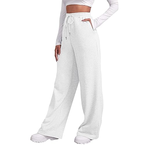 Women's Wide Leg Sweatpants Cozy Fleece Casual Jogger Pants Straight Leg Baggy Elastic High Waisted Yoga Pants - Small - White