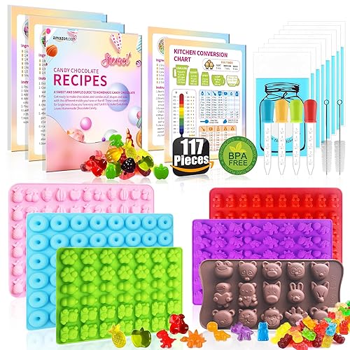 117 Pcs Gummy Bear Mold Silicone,with Candy Recipes、Droppers and Wrappers Card,Non-Stick Food Grade Chocolate Candy Gummy molds，Including Mini Dinosaur, Bear, Animals, Fruits and Mini Donut Molds - Candy set - 117 pcs