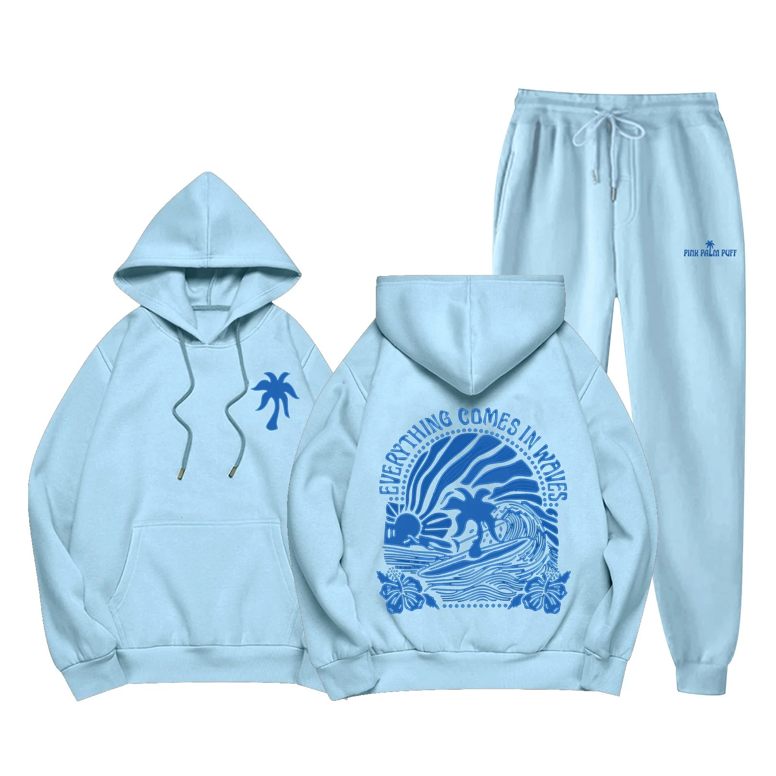Womens Pink Graphic 2 Piece Outfit Tracksuits Pink Palm Puff Hoodie Sweatshirt and Drawstring Jogger Sweatpants Sweatsuit Sets Athletic Tracksuit Preppy Hoodie Set for Teen Girls 2024