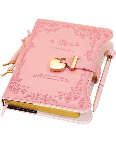 Hoci Poci Diary with Lock and Keys for Girls Gift Ideas, 360 Gold Edged Pages Journal for Women, B6 Refillable Notebook for Writing with Pen and Bookmark (Garden Pink) - Rose Garden - Rose Garden