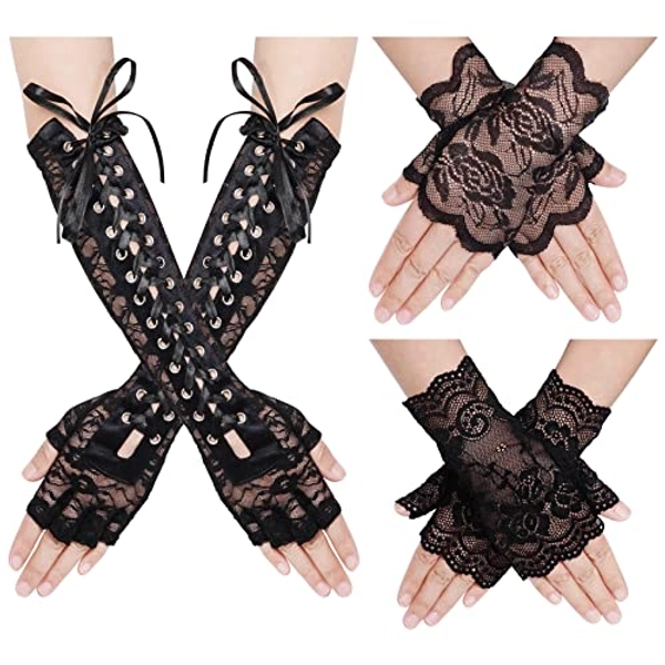 baotongle 3 Paar Spitze Fingerlose Handschuhe Set Damen Lang mit Senkel Opera Fest Party Ellenbogen Schnüren Steam Punk Handschuhe für Fasching Kostüm Hochzeit Maskerade Motto Party
