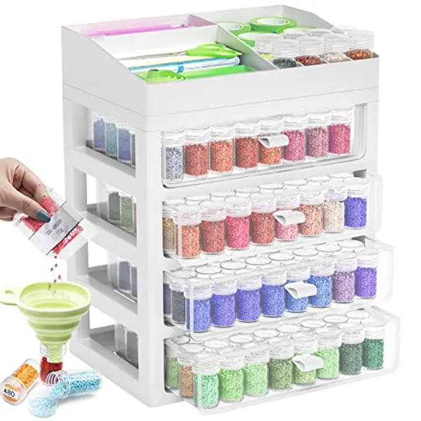 ARTDOT Storage Containers for Diamond Painting Accessories, 4 Drawers with 192 Slots Bead Storage Bottles and Diamond Art Tool Rack