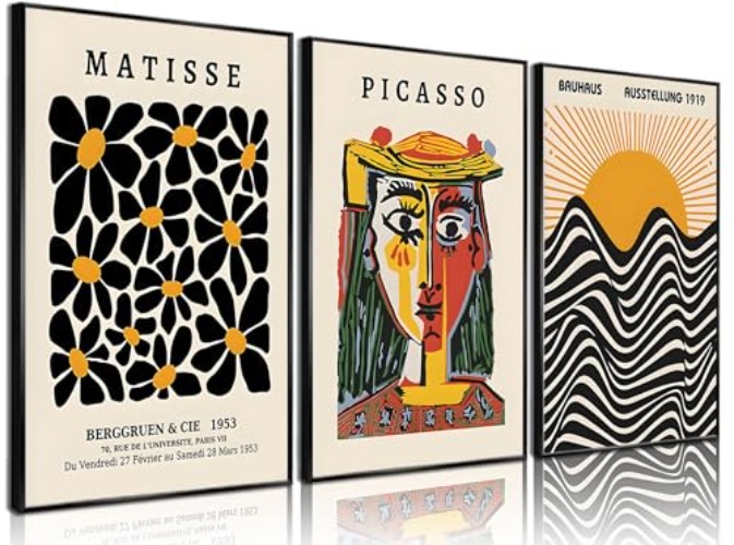 3 Pcs Picasso Matisse Bauhaus Wall Art Set Minimalist Geometric Canvas Paintings Orange Black Modern Minimalist Wall Decor Prints Posters Pictures Living Room Gallery Bedroom Decoration (Unframed, - Burnt yellow - 12x16inx3pcs posters