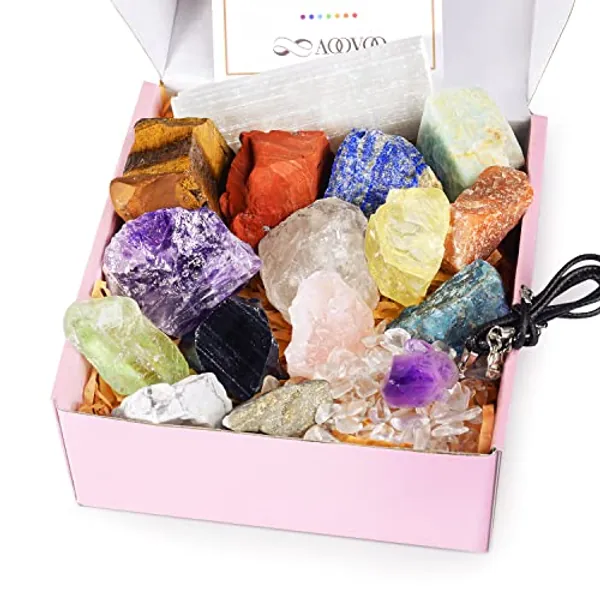 AOOVOO 17Pcs Crystals and Healing Stones, 14Pcs Real Raw Chakra Stones Set, Selenite Charging Plate, Amethyst Necklace, Rose Quartz, Mothers Day Gifts, Gift Box, Guide for Beginners, Collection, Meditation, Yoga