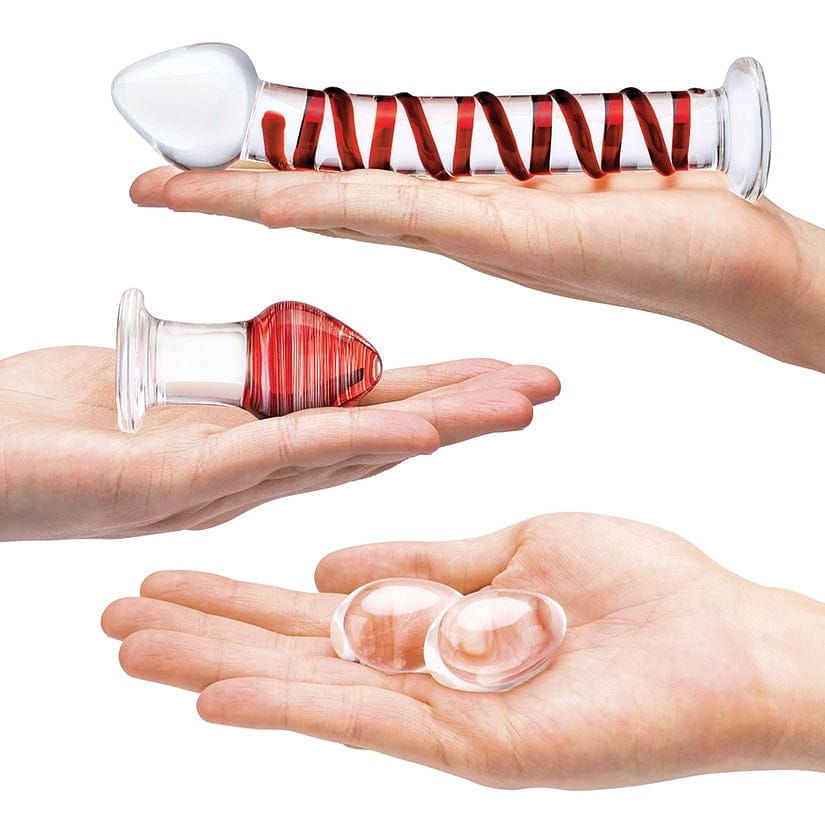 Mr. Swirly Glass Set with Kegel Balls and 3.25" Butt Plug - Red