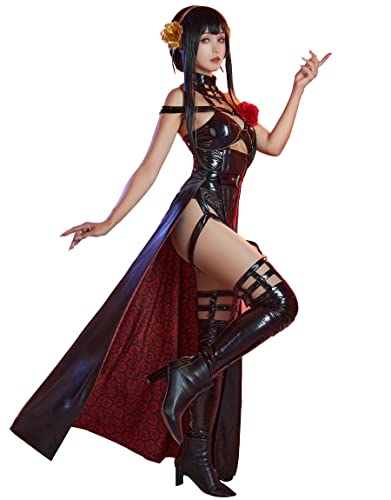 MEOWCOS Women’s Cosplay Costume Bodysuit Lingerie Bandage Bodysuit with Waist Cloak and Stockings Flowers Clip - Small - Black