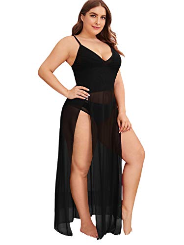 SOLY HUX Women's Plus Size Split Long Mesh Lingerie Dress Chemise - XX-Large Plus - Black