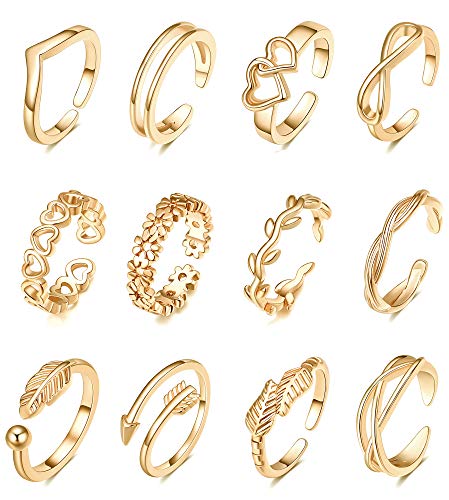 TOBENY 12PCS 14K Gold Plated Adjustable Toe Rings for Women Flower Arrow Band Open Tail Ring Women Beach Foot Jewelry Set - B-Gold