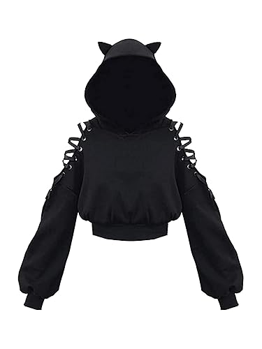 Loalirando Women's Cute Cat Ear Crop Top Oversized Hoodie Off Shoulder Hollow Out Long Sleeve Black Punk Gothic Sweatshirts - M - Black