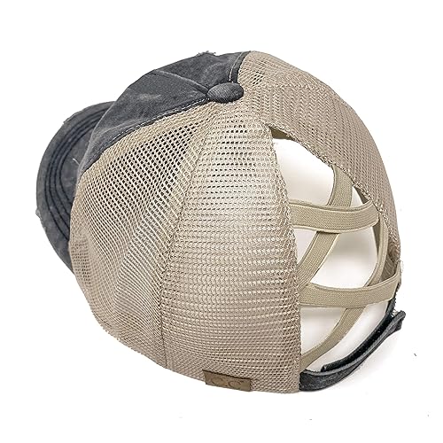 Funky Junque Criss Cross Hat Womens Baseball Cap Distressed Ponytail Messy Bun Trucker Ponycap - Beige Mesh - Charcoal (Distressed)