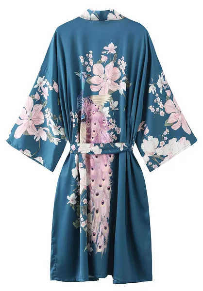 Women's Silky Kimono Robes Short Satin Robe With Peacock And Floral Printed Nightgowns - Peacock-teal
