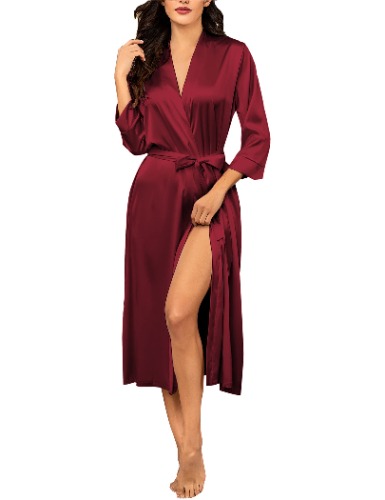 Hotouch Silk Robes for Women Long Bridesmaid Wedding Party Satin Robes Sleepwear with Pockets - Wine Red Small