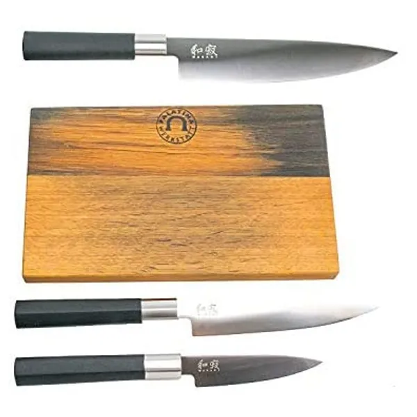 Kai Wasabi Black - Juego de cuchillos de cocina (20 cm, cuchillo de oficina de 10 cm, cuchillo multiusos de 15 cm, incluye tabla de cortar de madera maciza)