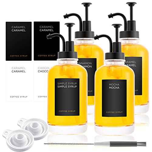 Joyfulmap 4 Coffee Syrup Dispenser, Black Pump Dispenser with bottles for Coffee Bar accessories, Minimalist Glass Coffee Bottle for Simple Maple/Coffee Syrups,16.9 oz 500 ml (Black) - Black