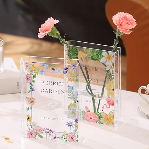 PORPAN Book Vase, Acrylic Book Vase for Flowers, Book Flower Vase Clear, Book Shaped Vase, A Book About Flowers Vase, Modern Decorative Vase for Home, Bedroom, Living Room, Office, Set of 2 - Flower+garden