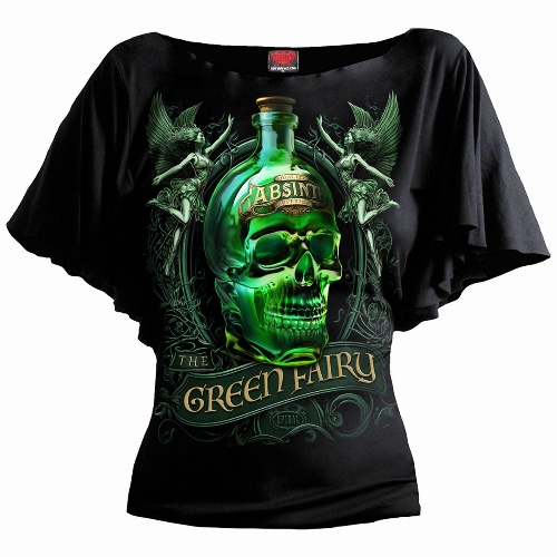 THE GREEN FAIRY - Boat Neck Bat Sleeve Top Black - Digital / 3XL