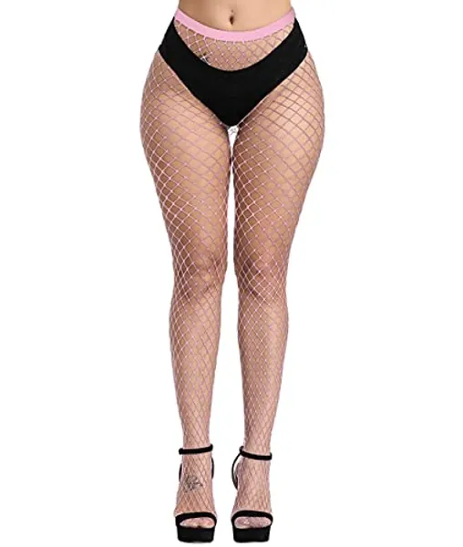 E-Laurels Womens High Waist Patterned Fishnet Tights Suspenders Pantyhose Thigh High Stockings Black