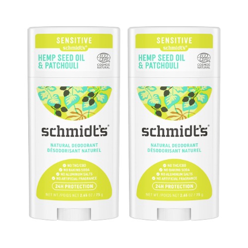 Schmidt's Aluminum Free Natural Deodorant for Women and Men, Hemp Seed Oil & Patchouli for Sensitive Skin with 24 Hour Odor Protection, Vegan, 2.65 Ounce (Pack of 2) - Hemp Seed Oil and Patchouli
