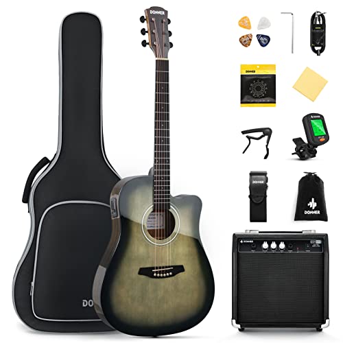 Donner Full Size Acoustic Electric Guitar for Beginner Intermediate with Amplifier Capo Strap Pick Tuner 41 Inch Acustica Electro Guitarra Kit - Retro - with Sound Amplifier