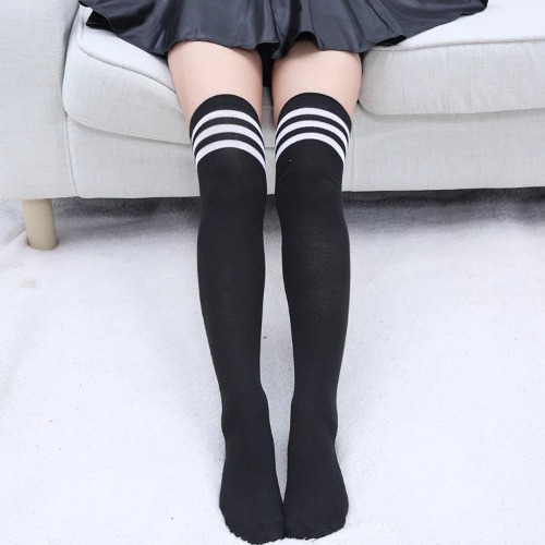 3 Lines Stripes Thigh High JK Socks | Black White / One Size