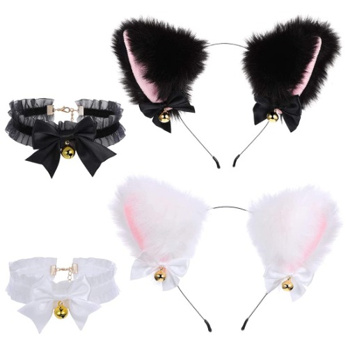 2 diademas de orejas de gato con campanas y 2 collares de lazo con campanas, disfraz de cosplay, accesorios para el pelo para mujeres, niñas, adultos, adolescentes