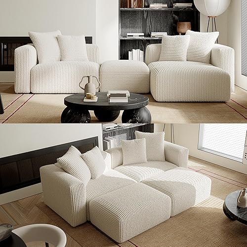 Acanva Corduroy Convertible Modular L Shaped Sectional Sofa, 4 Seater Free Combination Corner Couch, Convertible to DayBed, Wide Loveseat with Moveable Ottomans for Small Spaces, Sleeper Bed, White - White - Sleeper Bed