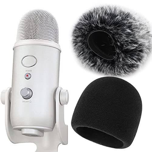 YOUSHARES Blue Yeti Pop Filter Foam - Mic Cover Foam with Furry Microphone Windscreen Muff for Blue Yeti, Blue Yeti Pro USB Microphone to Reduce Noise (2 Pack) - Fur Windscreen & Foam