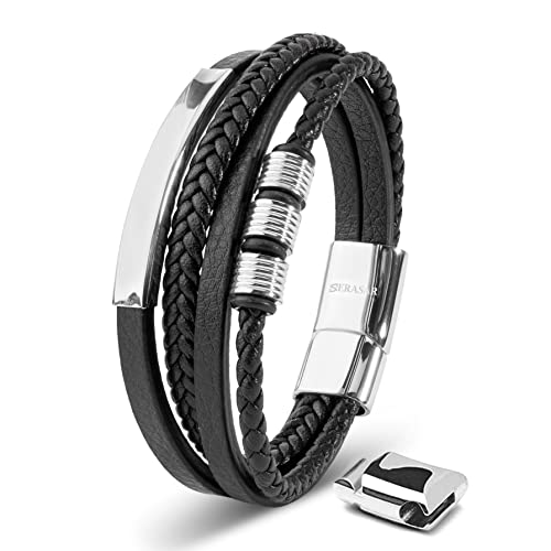 SERASAR Premium Leather Bracelet for Men - Magnetic Stainless Steel Clasp in Black, Silver and Gold - With Jewelry Box - Great Gift Idea - 20cm - Brave - Silver