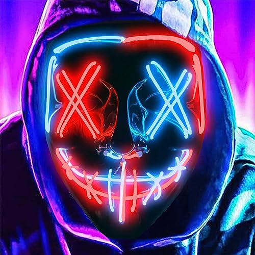 DWTECH LED Halloween Mask - Light Up Mask LED Masks EL Wire Scary Mask for Masquerade Cosplay Light Up Face Mask for Kids Men Women Halloween Festival Party - Blue&red B