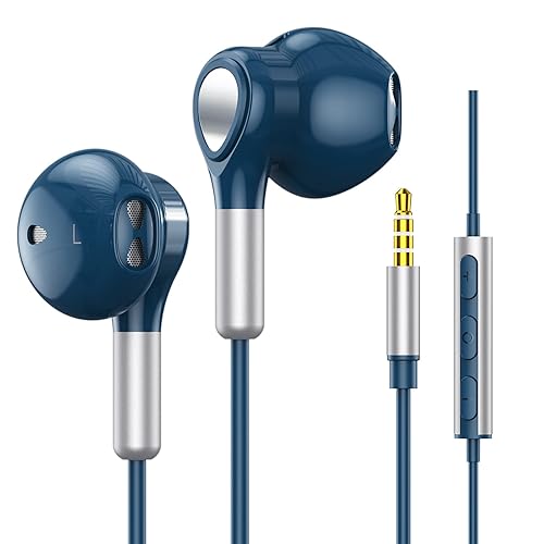 Headphones Wired, In-Ear Wired Earphones Earbuds, Half in Ear Headphones 3.5mm Jack, Wired Headphones with Microphone and Volume Control for iPhone, Samsung, Android, iPad,MP3,Most 3.5mm Audio Devices - Blue
