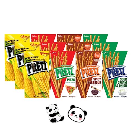 Glico Pretz Biscuit Sticks Variety Pack - 12 Pack Assortment of Pizza, Sweet Corn, BBQ, Sour Cream & Onion With Grateful Grocer Panda Stickers - Pizza, Corn, BBQ, Sour Cream - 12 Pack