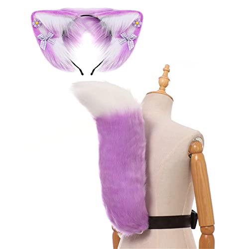 LittleLuluda Faux Fur Fox Wolf Ears Headband Animal Tail Cosplay Costume Halloween Party Costume Accessories - Purple