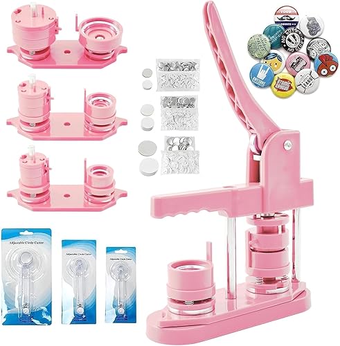 Button Maker Machine Kit 1''+1.25''+2.25'' Button Badge Maker Machine Kit Button Press Machine with 300 Sets Button Parts (Pink, 25/32/58mm) - Pink