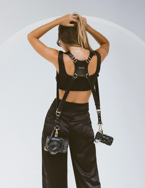 The Leila Dual Camera Harness, Black and Gold Stylish Camera Harness, Vegan Leather